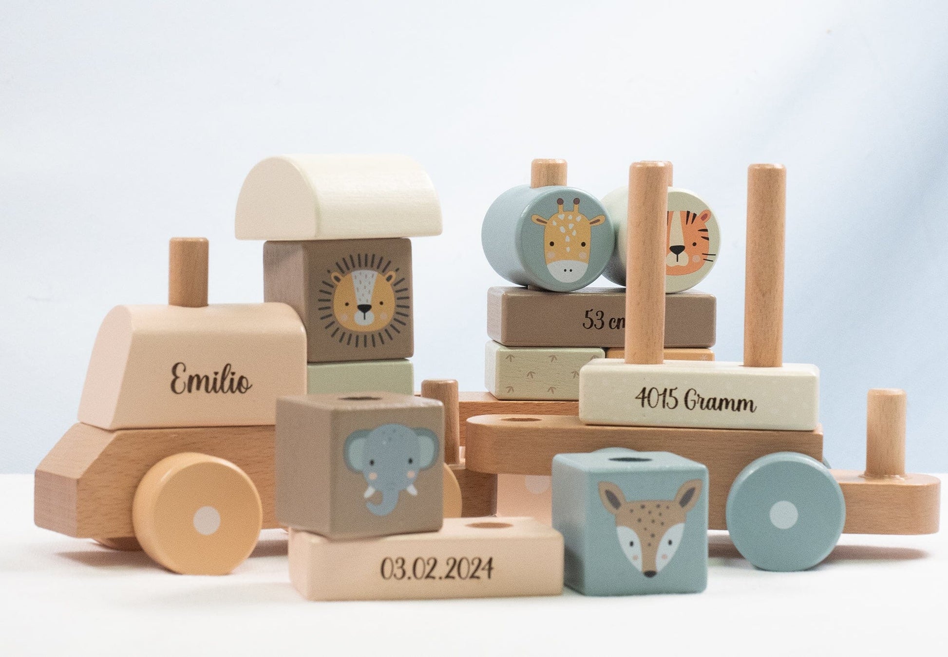 Holz Eisenbahn personalisiert- Geburtszug Safari Holz Zug Tiere MiniPiShop 