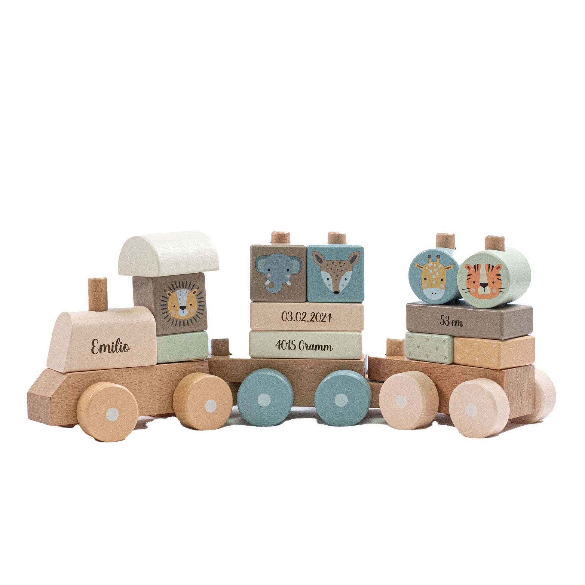 Holz Eisenbahn personalisiert- Geburtszug Safari Holz Zug Tiere MiniPiShop 