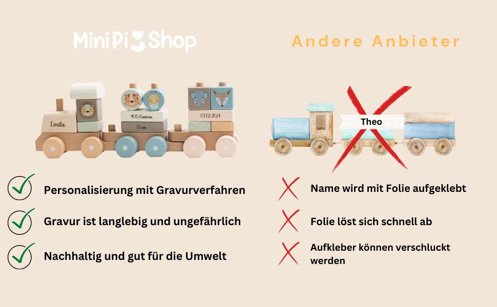 Holz Eisenbahn personalisiert- Geburtszug Safari Holz Zug Tiere MiniPiShop 