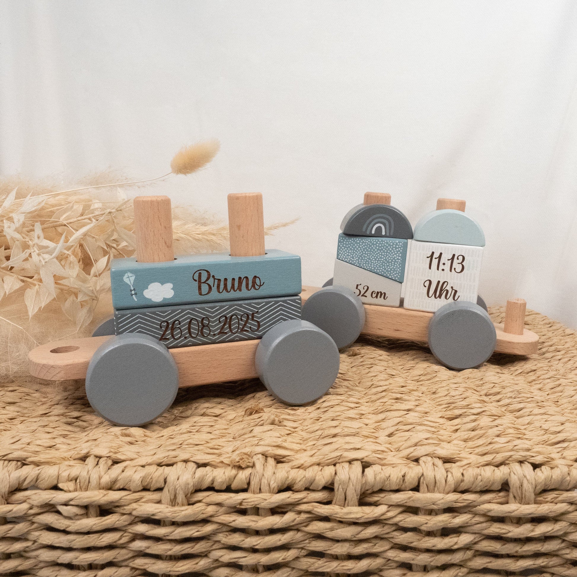 Holzzug zur Geburt Blau Holzspielzeug Label Label 