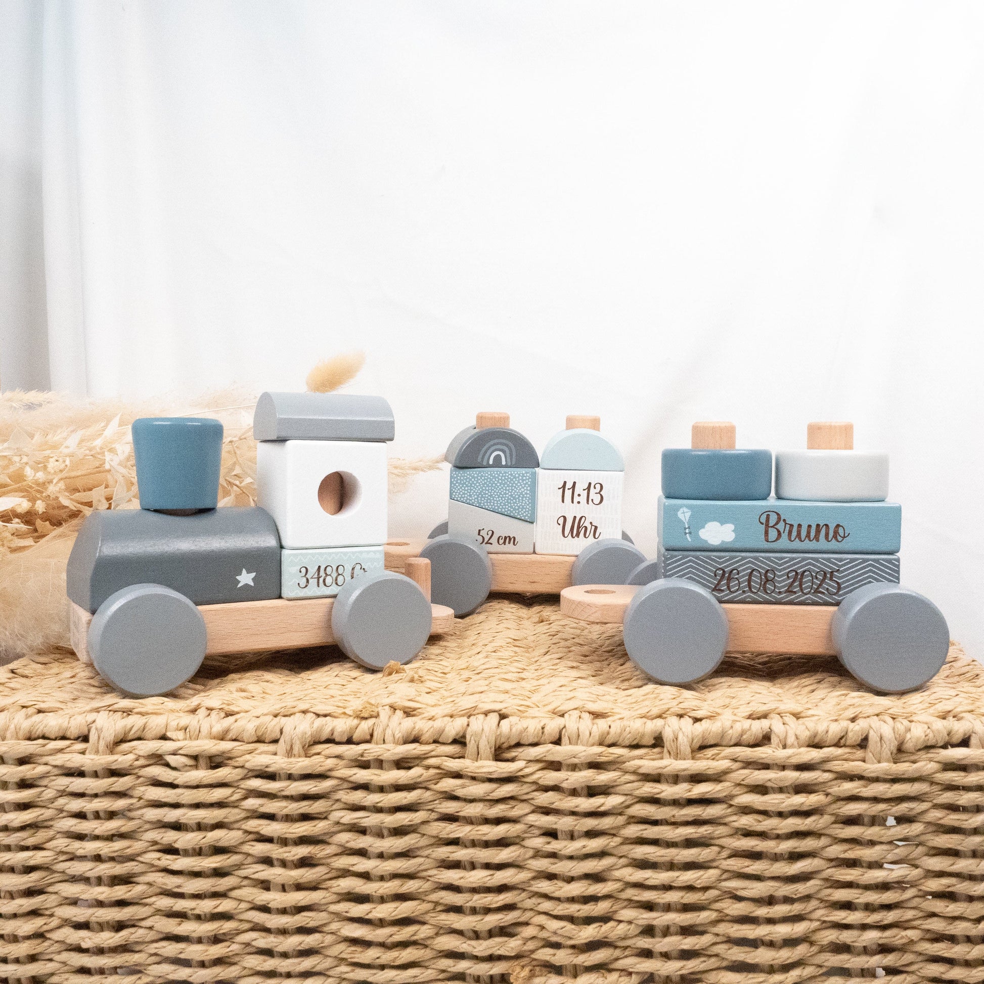 Holzzug zur Geburt Blau Holzspielzeug Label Label 