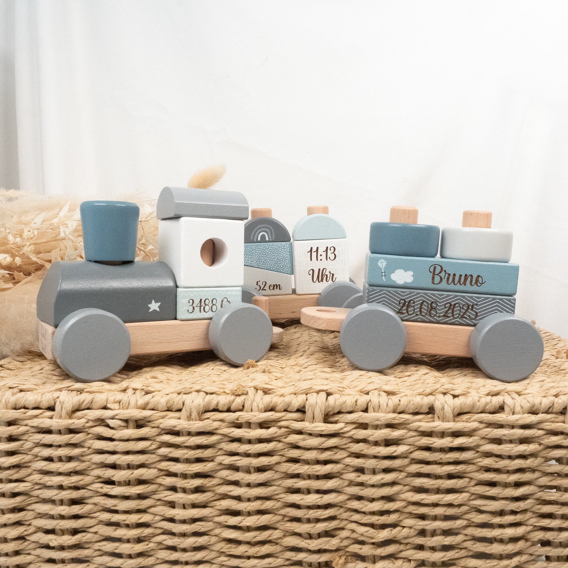 Holzzug zur Geburt Blau Holzspielzeug Label Label Zug mit Personalisierung 