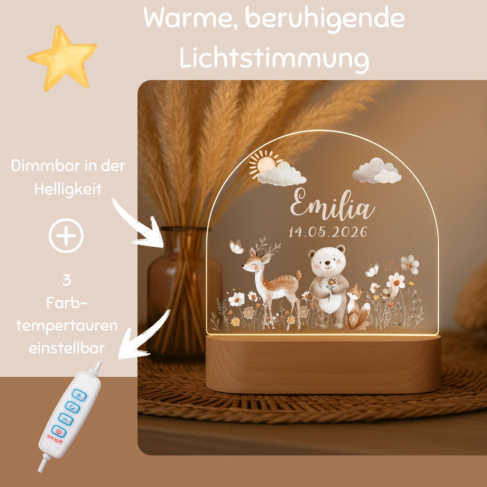 Nachtlicht personalisiert Motiv Baby Bär + Reh, Babygeschenk zur Geburt, Beige minipishop 
