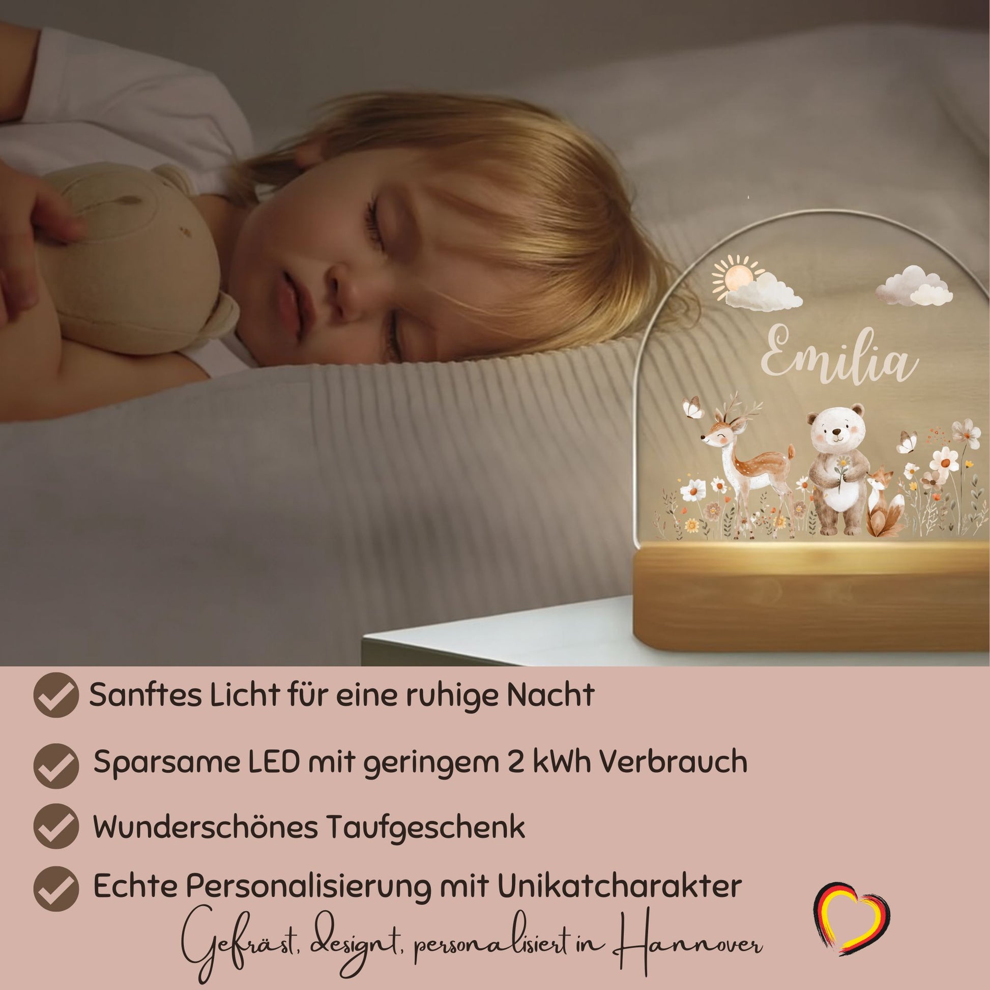 Nachtlicht personalisiert Motiv Baby Bär + Reh, Babygeschenk zur Geburt, Beige minipishop 
