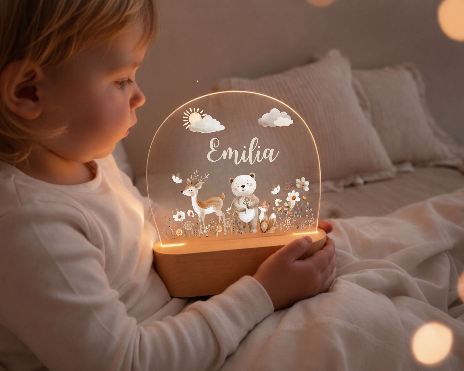 Nachtlicht personalisiert Motiv Baby Bär + Reh, Babygeschenk zur Geburt, Beige minipishop 