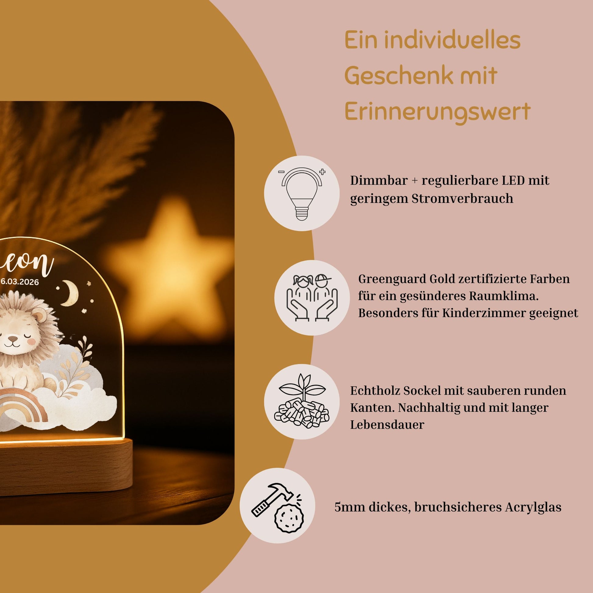 Nachtlicht personalisiert Motiv Baby Löwe, Babygeschenk zur Geburt Junge minipishop 