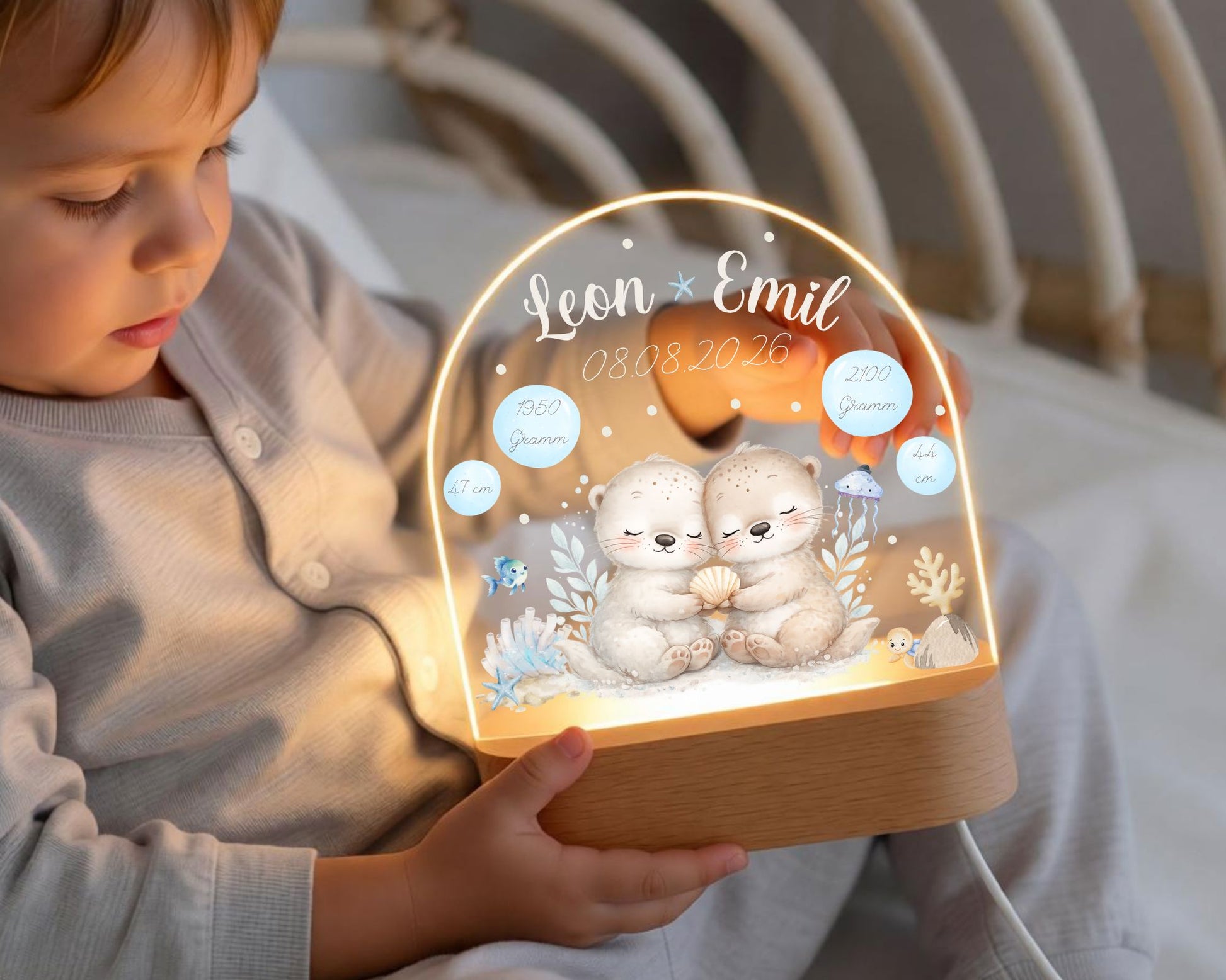 Nachtlicht personalisiert Motiv Baby Otter Zwillinge, Geschwister Geschenk Zwilling minipishop 