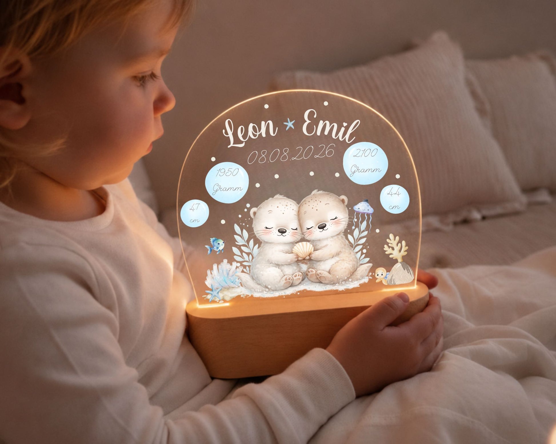 Nachtlicht personalisiert Motiv Baby Otter Zwillinge, Geschwister Geschenk Zwilling minipishop 