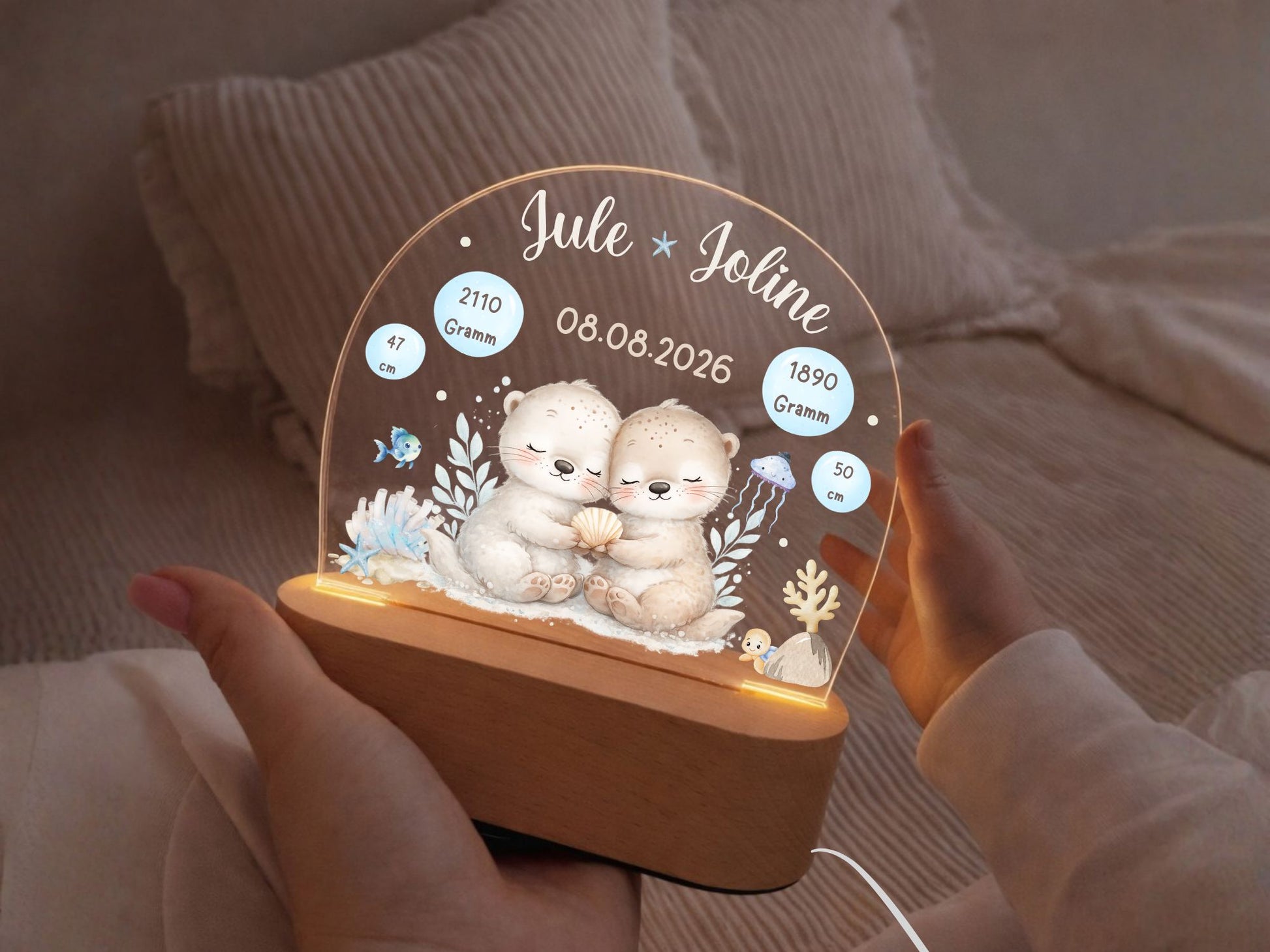 Nachtlicht personalisiert Motiv Baby Otter Zwillinge, Geschwister Geschenk Zwilling minipishop 