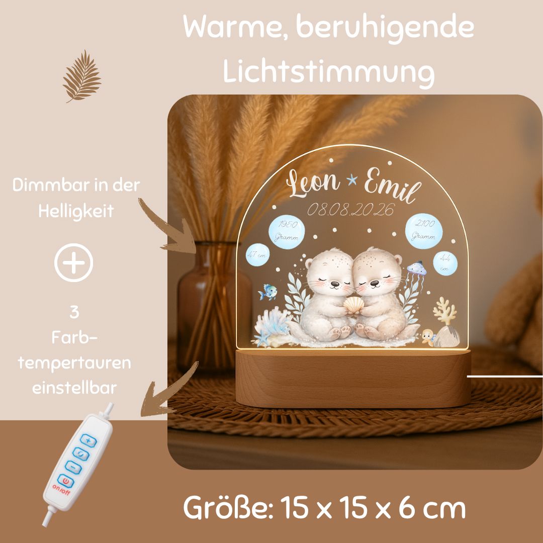 Nachtlicht personalisiert Motiv Baby Otter Zwillinge, Geschwister Geschenk Zwilling minipishop 