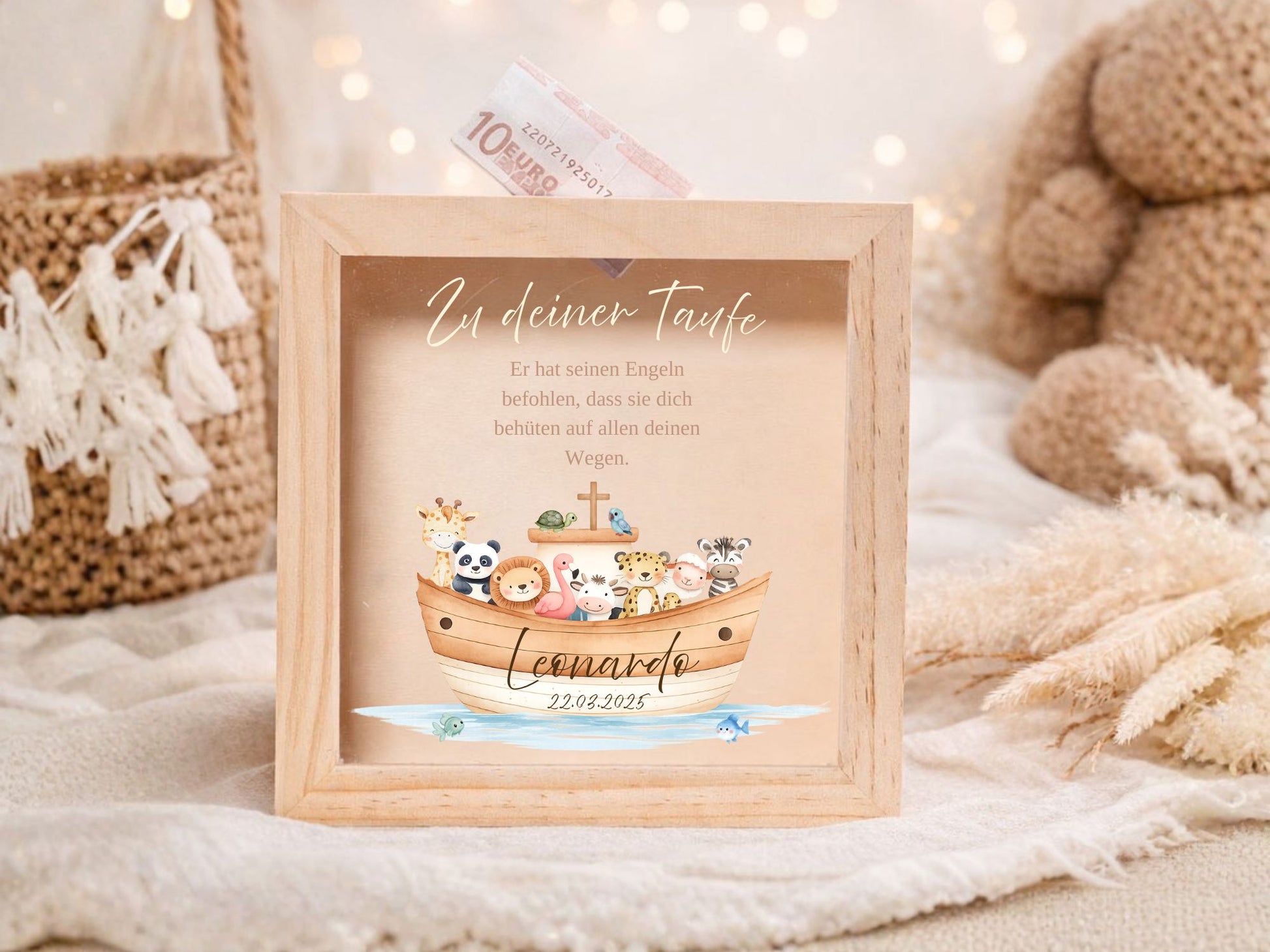Personalisierte Kinder Spardose aus Holz, Motiv Arche Noah mit Taufspruch, Taufgeschenk MiniPiShop 