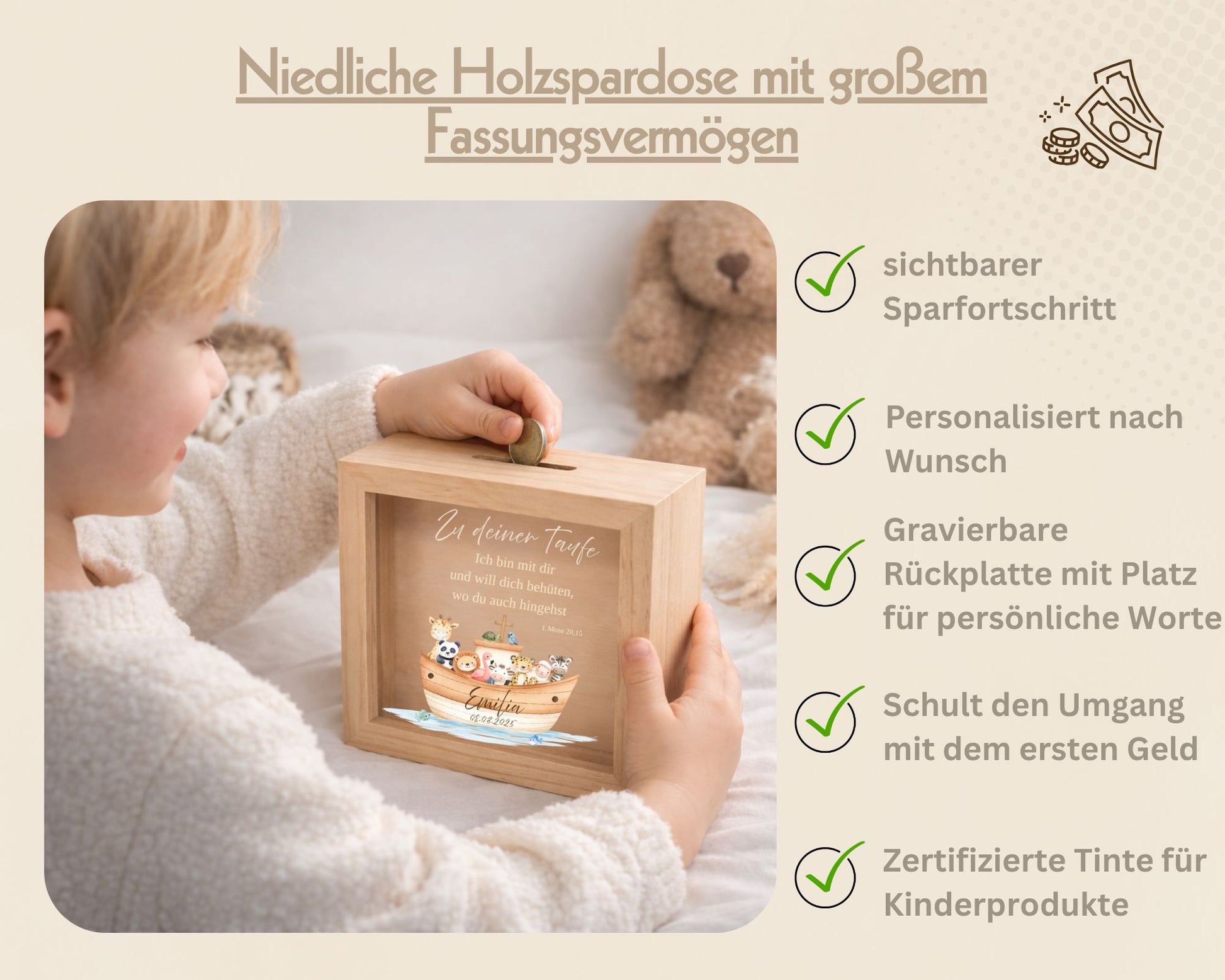 Personalisierte Kinder Spardose aus Holz, Motiv Arche Noah mit Taufspruch, Taufgeschenk MiniPiShop 