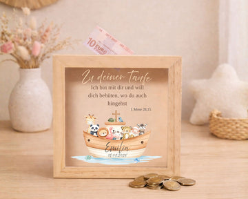 Personalisierte Kinder Spardose aus Holz, Motiv Arche Noah mit Taufspruch, Taufgeschenk MiniPiShop Spardose 