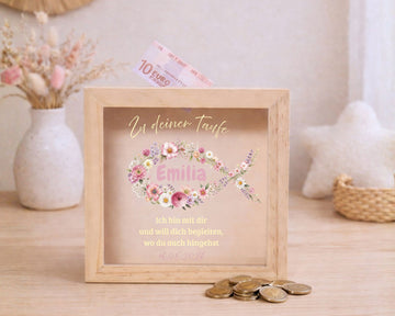 Personalisierte Kinder Spardose aus Holz, Motiv Ichtys Fisch Wildblumen Mädchen MiniPiShop Spardose 