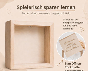 Personalisierte Kinder Spardose aus Holz, Motiv Ichtys Fisch Wildblumen Mädchen MiniPiShop Spardose + gravierte Rückseite 
