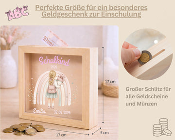 Personalisierte Kinder Spardose aus Holz, Motiv Schulkind Mädchen Regenbogen MiniPiShop Spardose Blond 