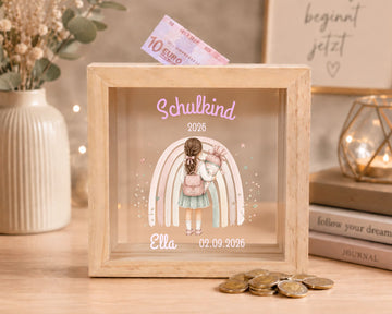 Personalisierte Kinder Spardose aus Holz, Motiv Schulkind Mädchen Regenbogen MiniPiShop Spardose Dunkel 