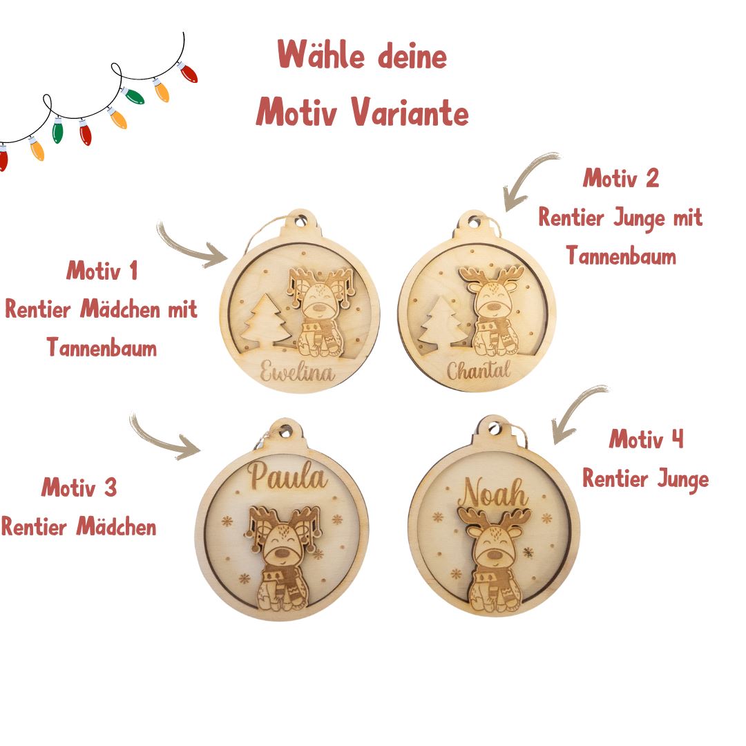 Personalisierte Weihnachtskugel und Geschenkanhänger Motiv Rentier Holzanhänger minipishop 