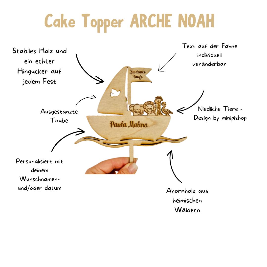 Personalisierter Cake Topper zur Taufe aus Holz Arche Noah Holzspielzeug MiniPiShop 