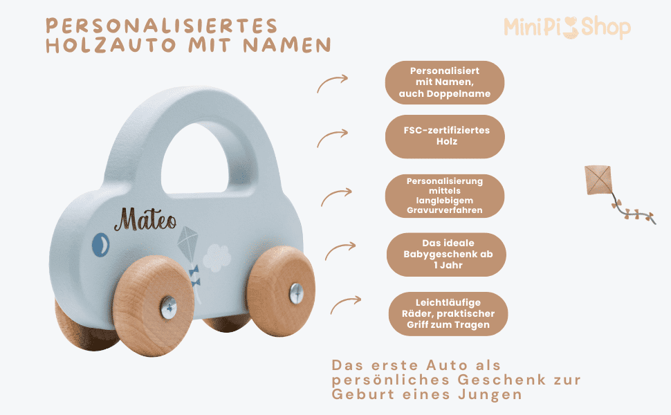 Spielzeug Holzauto personalisiert blau Holz Auto MiniPiShop 