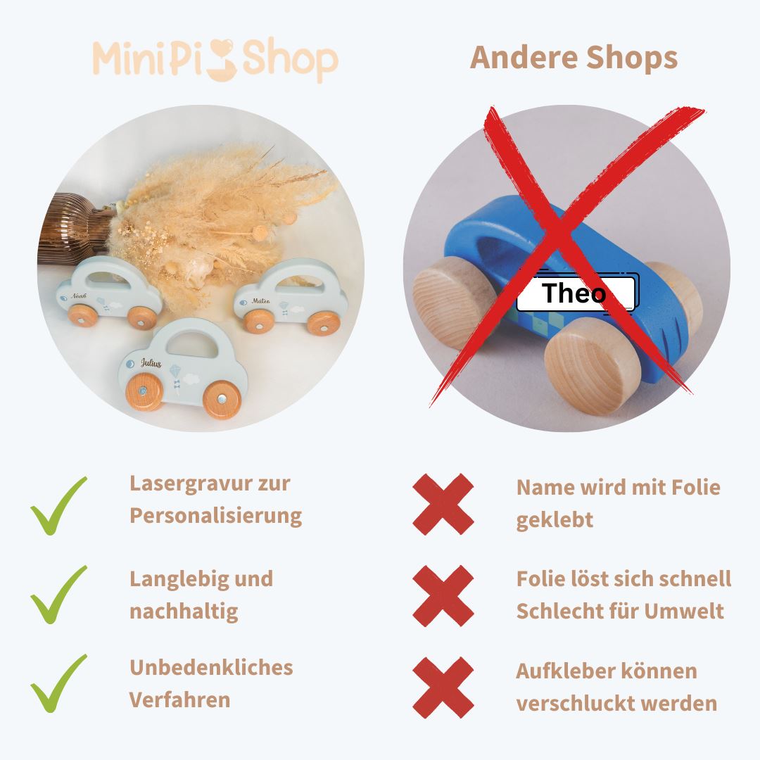 Spielzeug Holzauto personalisiert blau Holz Auto MiniPiShop 