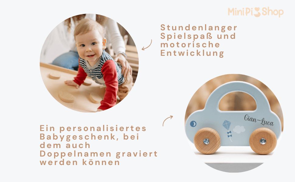 Spielzeug Holzauto personalisiert blau Holz Auto MiniPiShop 