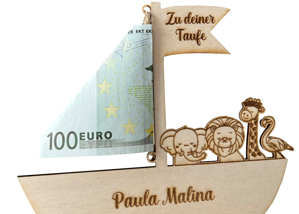 Taufgeschenk personalisiert Arche Noah als Geldgeschenk aus Holz Holzanhänger minipishop 