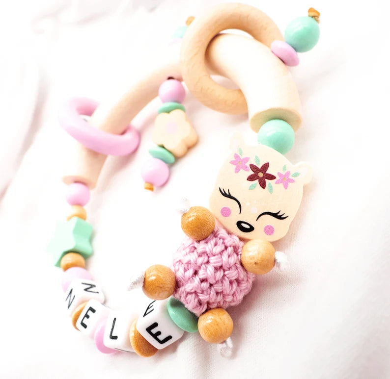 Greifling mit Namen Mädchen REH Häkelperle mint rosa Blume Greifling MiniPiShop 