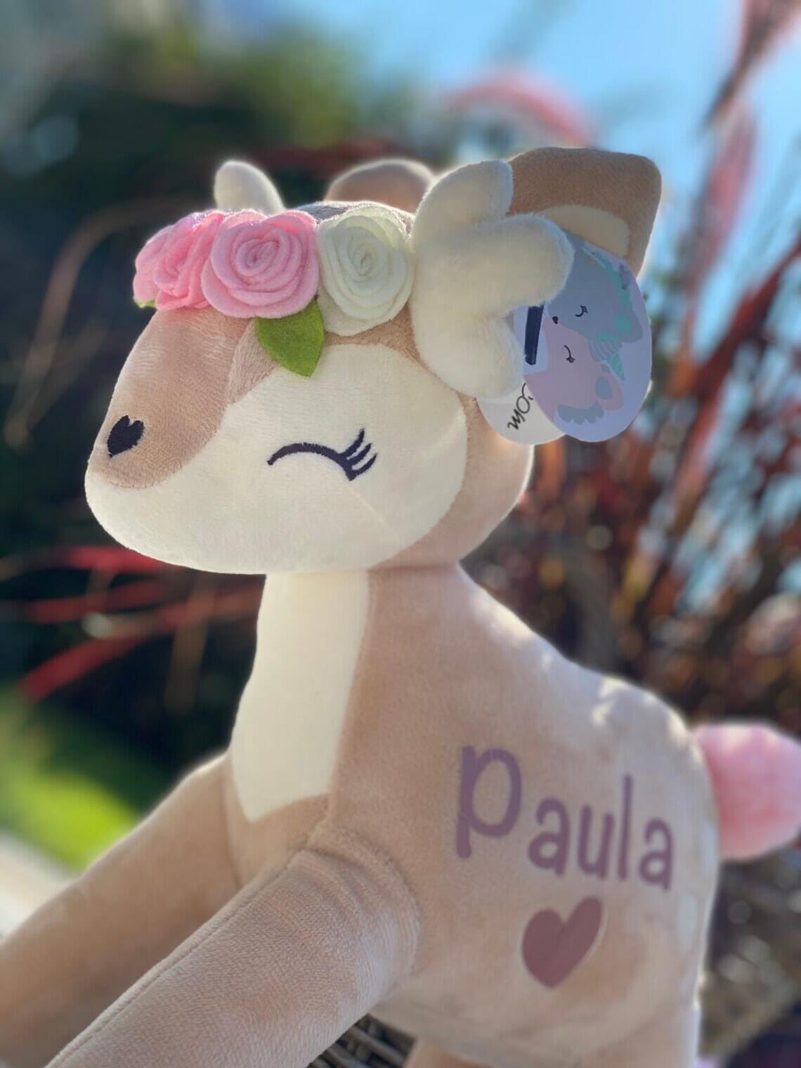 Kuscheltier Reh mit Namen personalisiert Blumenkranz rosa Kuscheltier minipishop 