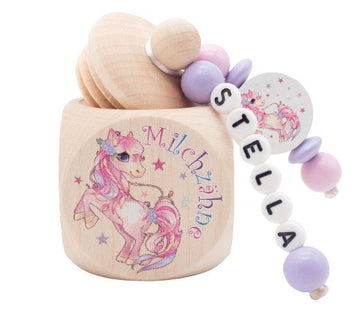 Milchzahndose mit Namen Einhorn Lila Rosa