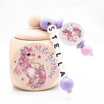 Milchzahndose mit Namen Einhorn Lila Rosa