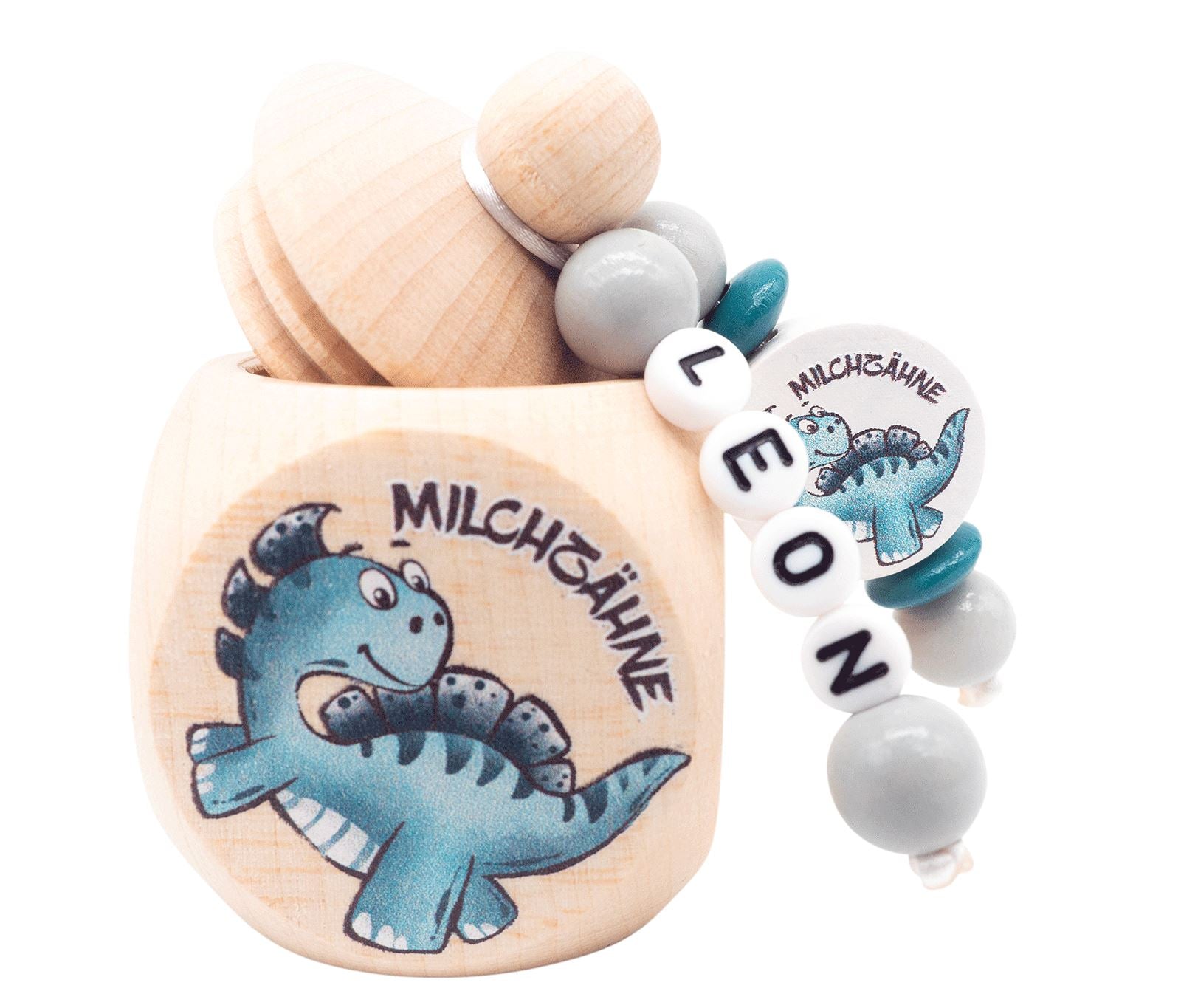 Milchzahndose mit Namen Junge Dino Stegosaurus türkis grün Milchzahndose minipishop 