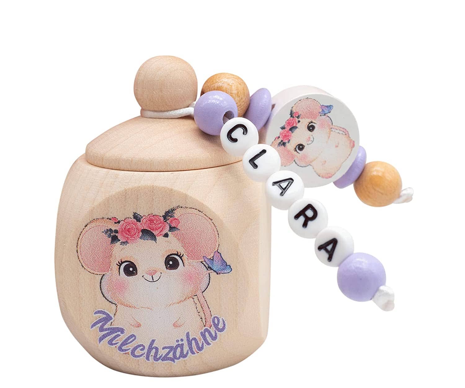 Milchzahndose mit Namen Mädchen Maus mit Blumenkranz lila Milchzahndose minipishop 