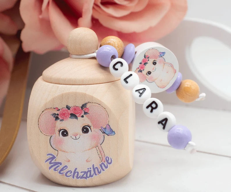 Milchzahndose mit Namen Mädchen Maus mit Blumenkranz lila Milchzahndose minipishop 