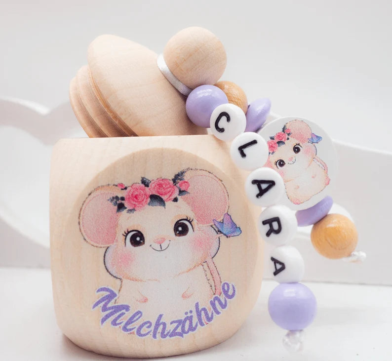 Milchzahndose mit Namen Mädchen Maus mit Blumenkranz lila Milchzahndose minipishop Milchzahndose mit Namen 