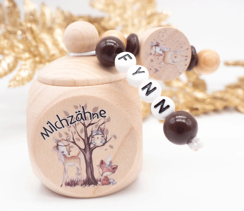 Milchzahndose mit Namen Mädchen Reh + Eule + Waldtiere braun Milchzahndose minipishop 