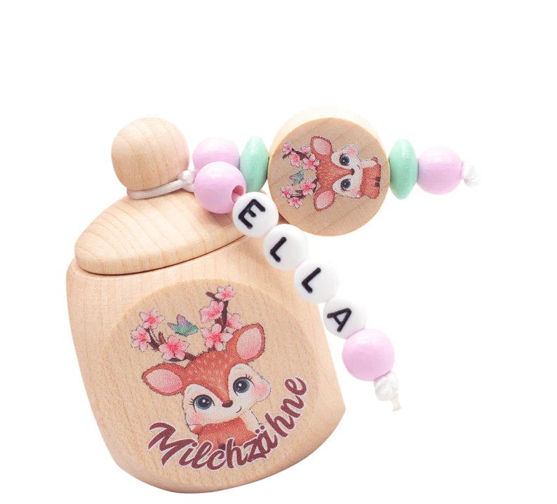 Milchzahndose mit Namen Mädchen Reh liegend mit Blumenkranz rosa mint Milchzahndose minipishop 