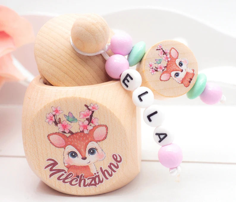 Milchzahndose mit Namen Mädchen Reh liegend mit Blumenkranz rosa mint Milchzahndose minipishop 