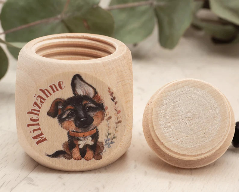 Milchzahndose mit Namen Maedchen Junge Schaeferhund braun Milchzahndose minipishop 