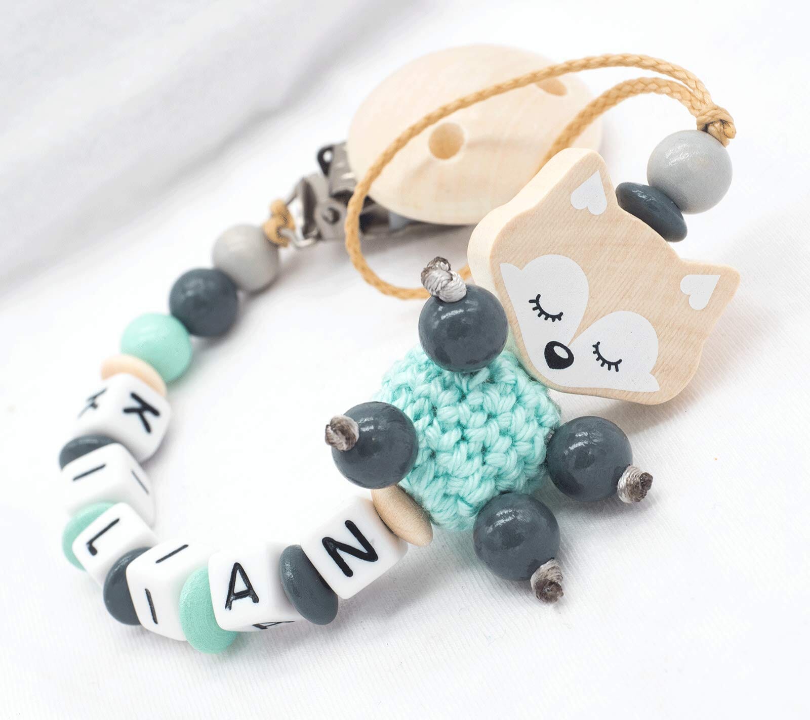 Schnullerkette mit Namen Baby Fuchs Doppelname Mint Grau Schnullerkette minipishop 