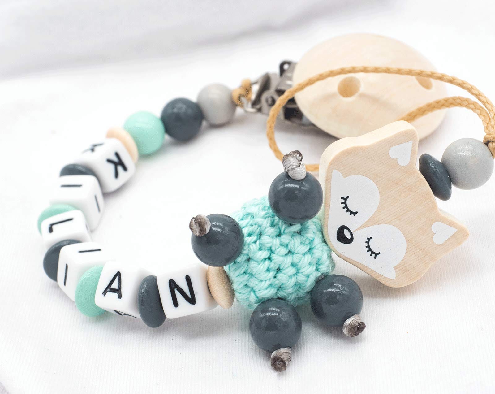 Schnullerkette mit Namen Baby Fuchs Doppelname Mint Grau Schnullerkette minipishop 