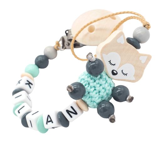 Schnullerkette mit Namen Baby Fuchs Doppelname Mint Grau Schnullerkette minipishop Schnullerkette 