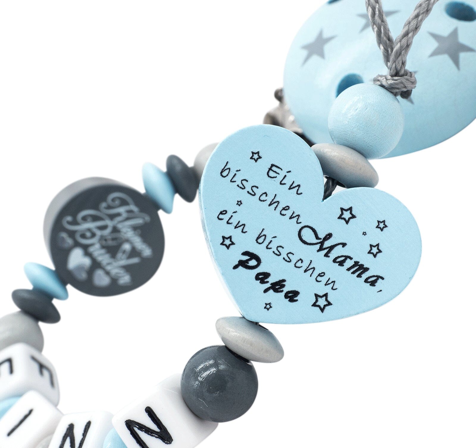 Schnullerkette mit Namen Junge Kleiner Bruder Sterne Grau Blau Schnullerkette minipishop Schnullerkette 