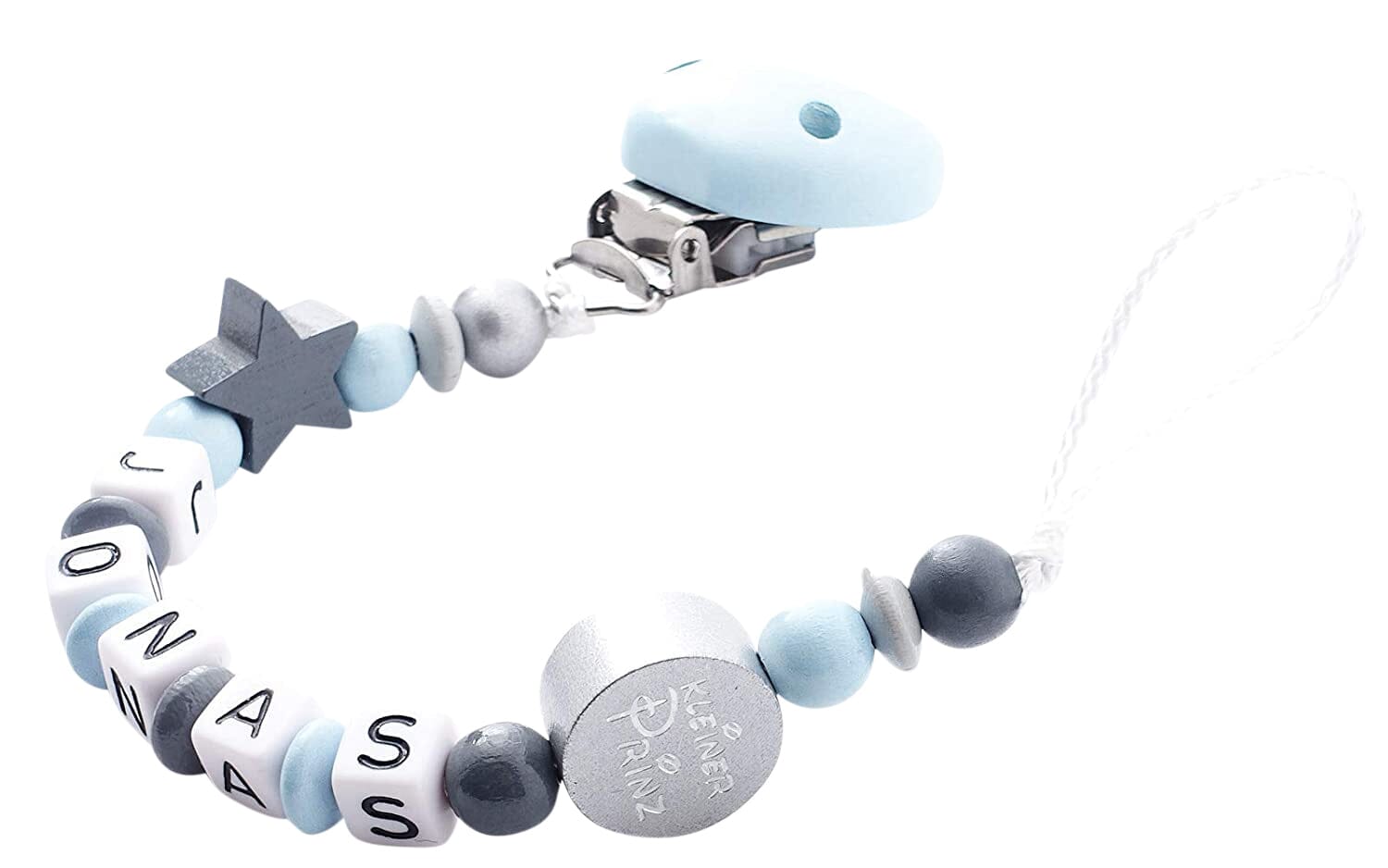 Schnullerkette mit Namen Junge kleiner Prinz + Stern blau silber Schnullerkette minipishop Schnullerkette 