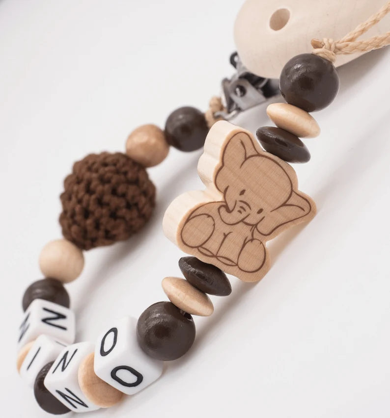 Schnullerkette mit Namen Junge Mädchen Elefant + Haekelperle natur braun Schnullerkette minipishop 