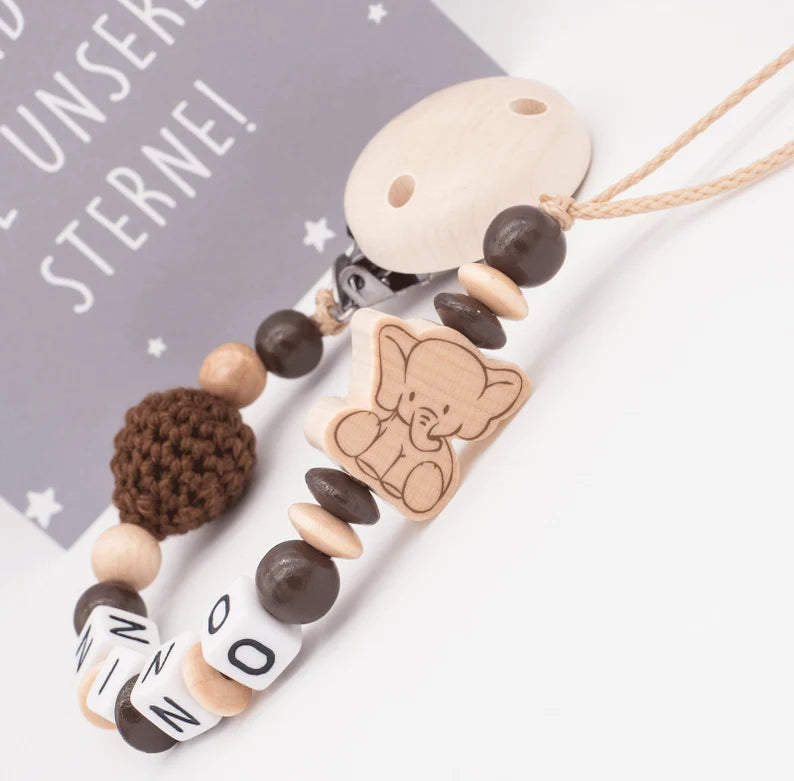 Schnullerkette mit Namen Junge Mädchen Elefant + Haekelperle natur braun Schnullerkette minipishop Schnullerkette 