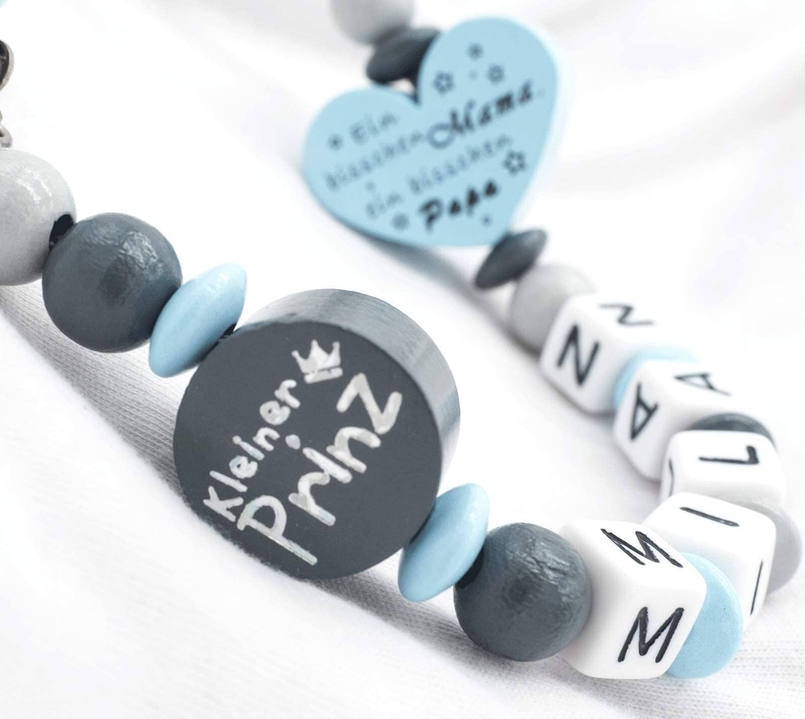 Schnullerkette mit Namen Junge Prinz + Ein bisschen Mama Papa Schnullerkette minipishop 
