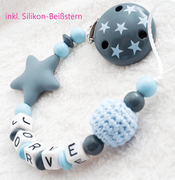 Schnullerkette mit Namen Junge Silikonstern Beißstern + Sterneclip grau blau