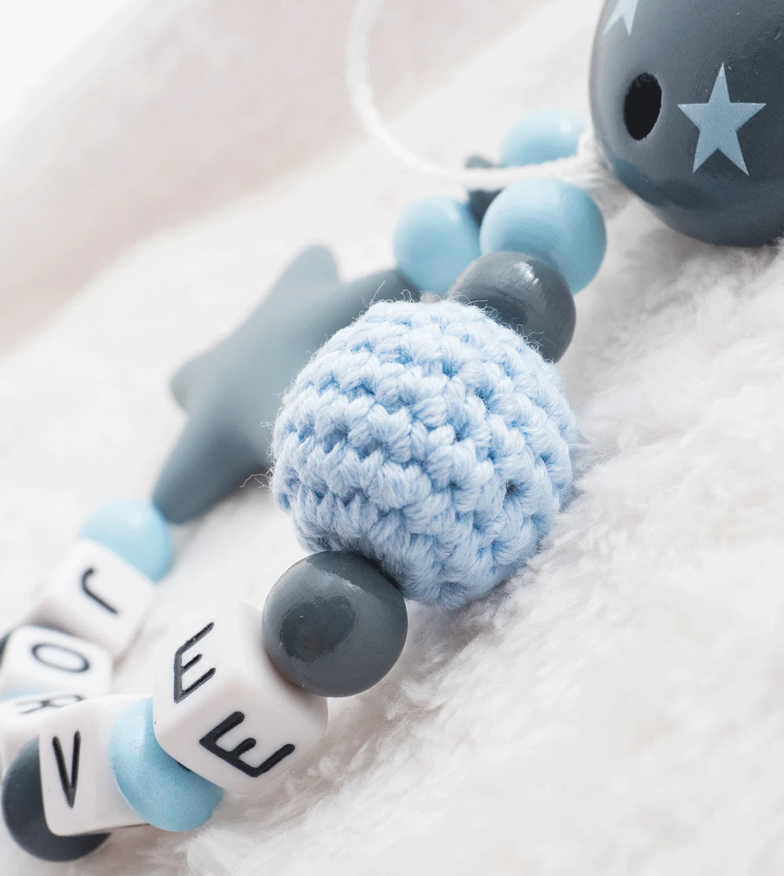 Schnullerkette mit Namen Junge Silikonstern Beißstern + Sterneclip grau blau Schnullerkette minipishop 