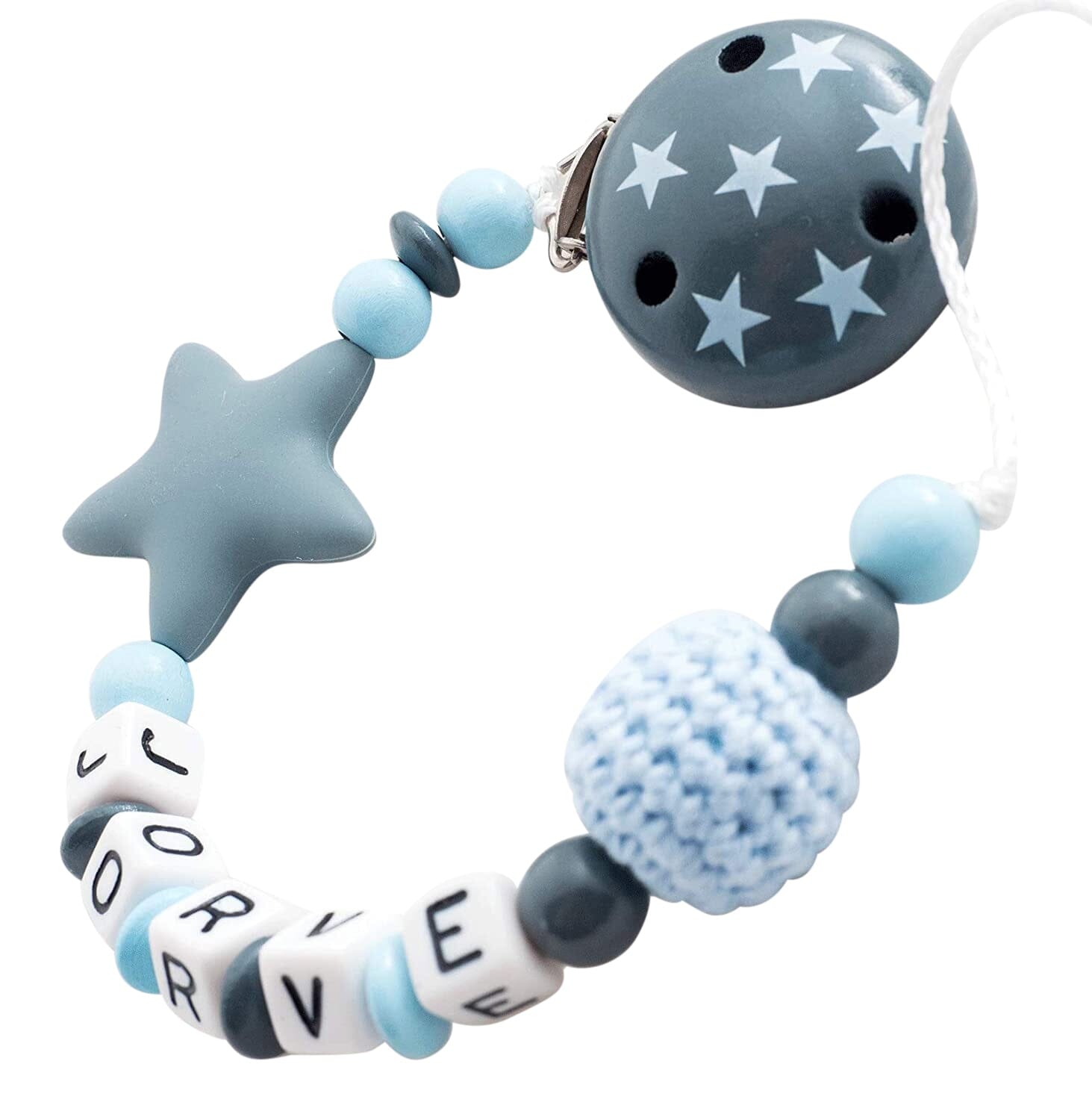 Schnullerkette mit Namen Junge Silikonstern Beißstern + Sterneclip grau blau Schnullerkette minipishop Schnullerkette 